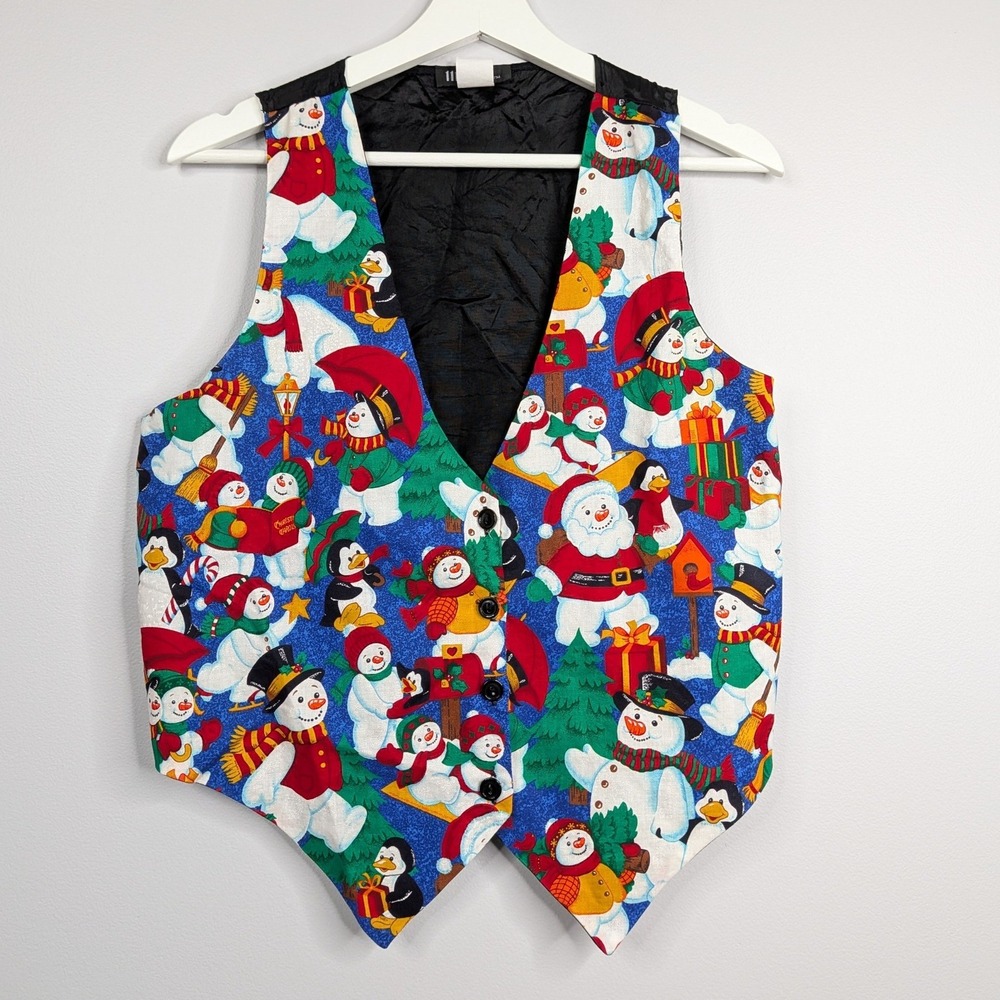 Vintage 111 Main Christmas Vest Womens Medium Blue  Santa Snowman Penguin Print